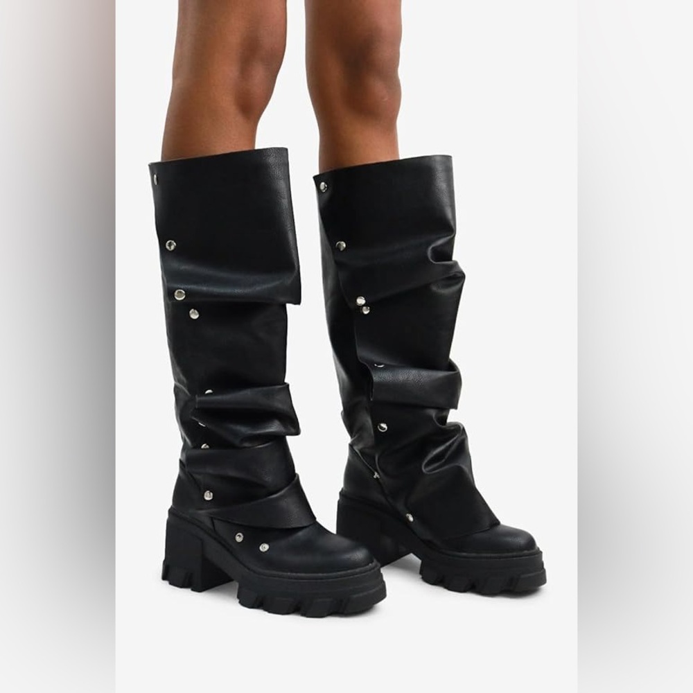 Black Over-the-Knee Chunky Heel Boots with Stud Details